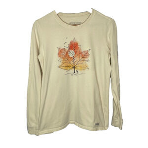 Women's Medium Life is Good Autumn Leaf Crusher Crewneck Long Sleeve Cotton Tee